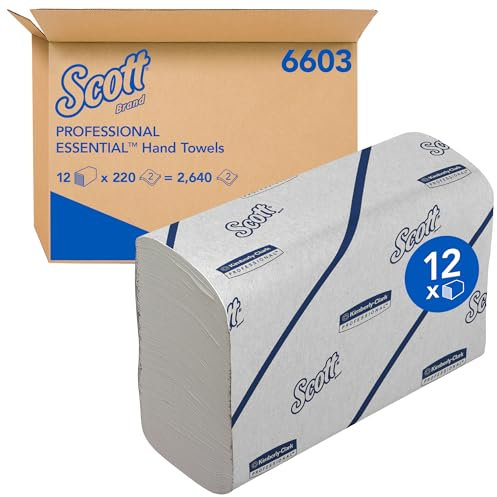 Scott Essential Papierhandtücher 6603, 2-lagiges weißes Narrowfold-Handtuchpapier, aus FSC-zertifiziertem Papier, für das umweltbewusste Händetrocknen, 12 Clips x 220 weiße Papierhandtücher (insges. 2.640)