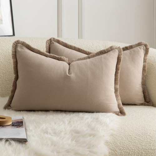 Mandioo 2er Set neutralen Baumwolle Quasten Kissenbezug 40x60cm Dekorative Kissenbezüge Dekokissen Boho Sofakissen Kissenhülle für Couch Sofa Schlafzimmer Wohnzimmer Heimdekoration TaupeName