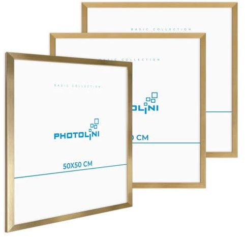 PHOTOLINI Bilderrahmen 50x50 Gold MDF-Holz, 3er Set Poster-Rahmen, bruchsicheres Acrylglas, zum Aufhängen, extra Zubehör - für Fotos & Poster
