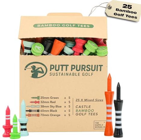 Mixed Castle Bamboo Golf Tees - Biodegradable, Sustainable Golf Tees Bamboo Material - Golf Accessories - Golf Tees Wooden - 30 Non Plastic Golf Tees Multiple Sizes (25mm Green to 70mm Orange Colours)