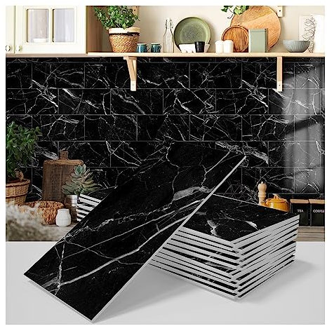 Schwarze Marmorfliesenaufkleber, 30,5 x 10,2 cm, selbstklebende PVC- und EVA-Tapete, wasserdicht, öldicht, DIY-Wandfliesen-Aufkleber für Küche, Badezimmer, Wohnzimmer, Dekoration, 27 Stück