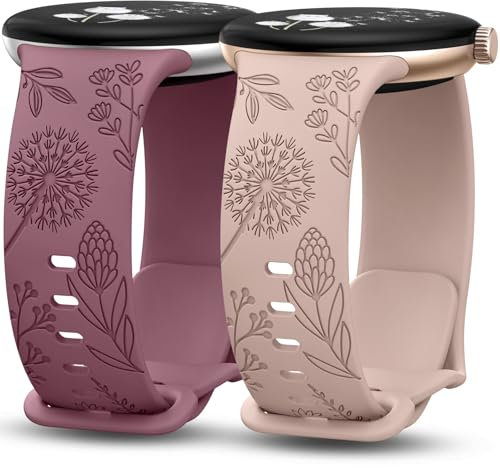 TOYOUTHS 2 Stück Floral Gravierte Armband Kompatibel mit Google Pixel Watch 3 41mm/2/1 Damen, Weich Silikon Löwenzahn Sport Armband, Milchtee/Rauch Violett