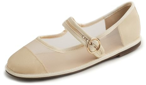 Feversole Women's Soft Breathable Mary Jane Memory Foam Cushioned Comfort Round Toe Metal Buckle Flats Walking Shoes Beige Mesh Size UK 6