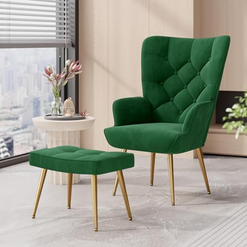 Aivermeil Armchair Tub Chair,with Footstool,High back with gold legs Comfy,Velvet Chair, for Bedrooms, Living rooms,Relaxation,150kg Load Capacity Green(with footstool