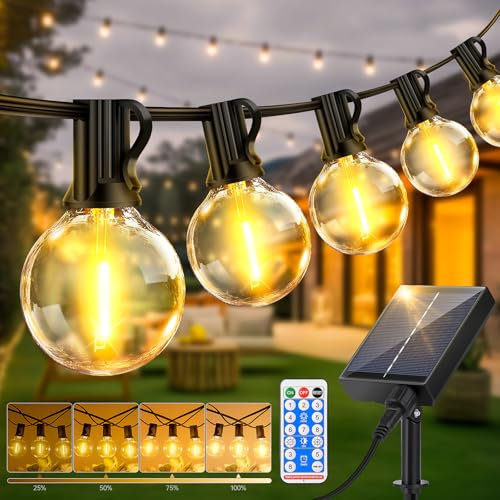 Dimmable Solar Outdoor String Lights - 15M/50FT G40 Solar Powered Garden Lights 20+1 LEDs, Remote 3 Timer 8 Modes Waterproof Outside Festoon Lights for Gardens Patios Fences Pergolas