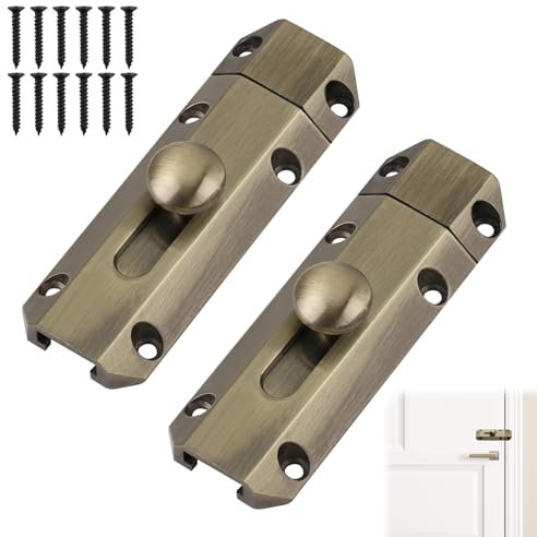 2 Pack 4 Brass Sliding Door Bolt Lock Heavy Duty Secure Internal & External Doors Includes Mounting Screws Gate Security Latch Slide Door Bolts, Bronze