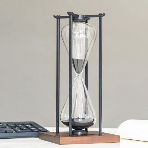 Große schwarze Eisen Handwerk-Sanduhr Timer für 60 Minuten - Moderne Glasdekoration für Männer & Frauen - Sand für Küche, Home Office und Schreibtisch
