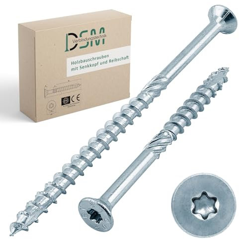 DSM - Lot de 50 vis pour construction en bois - 8 x 180 mm - Vis à tête fraisée galvanisées TX40 - Pour panneaux d'aggloméré à dents dentelées - Avec tige de friction, nervures de fraisage et pointe