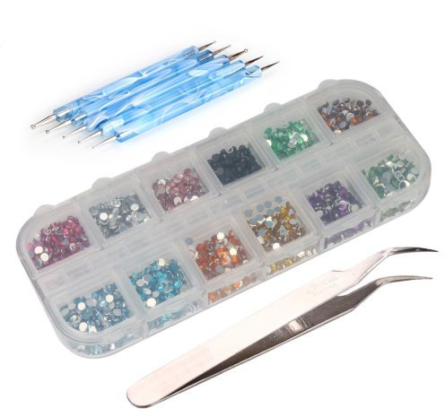 Breeshy 3000 pcs 2mm 12 couleurs clou d'oeil d'art Strass tips 5 x 2 moyen de stylo a pointer + pince