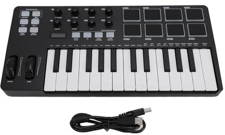25 Taste MIDI -Tastatur -Controller, Kleiner USB -MIDI -Tastatur -Controller mit 8 Backbeleuchtung Drum Pads und 8 Knopfs, Kompatibel für Musikproduktionssoftware, Computer,
