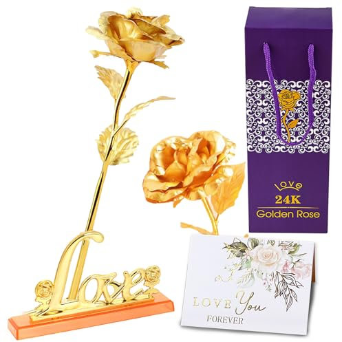 MaNeaz 24K Rosa Placcato Oro Rosa Eterna Rose Stabilizzate Rosa Eterna Stabilizzata Con Supporto Include Biglietto D'Auguri Per Confezione Fidanzata San Valentino Fsta Della Mamma Matrimonio