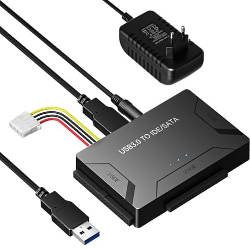 RENGOGA Adaptateur Sata USB 3.0, SATA IDE Adaptateur Adaptateur USB Sata pour SSD/HDD 2,5/3.5“, Adaptateur Universel avec USB Alimentation 12V 2A Câble pour Windows 10/8/7/XP/Vista Mac OS Linux