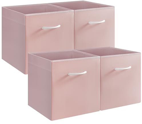 StorageWorks Pink Storage Cubes, Storage Cube Boxes with Handle, Cube Storage Basket for Shelves, Fabric Organiser Boxes for Wardrobe, Collapsible Storage Boxes for Bedroom, 4-Pack