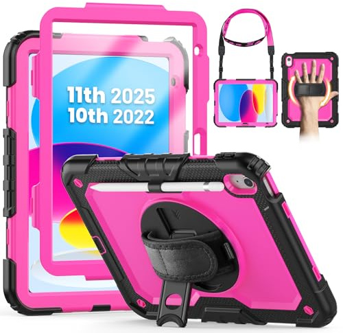 SEYMCY Case for iPad (A16) 11th/10th Generation 2025 (11 inch)/2022 (10.9 inch), Full-body Shockproof with Screen Protector, 360° Rotating Stand & Hand Strap, Carrying Strap, Pencil Holder, Rose