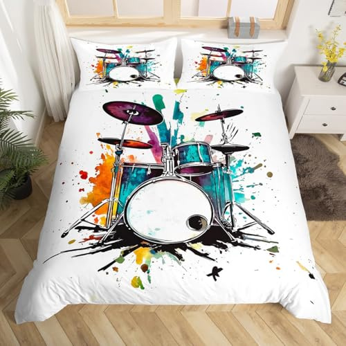 Homewish Housse de Couette 140x200 Enfant Kit de Batterie,Parure de Lit Instrument de Musique Rock,Sets de Housses de Couettes Kit de Batterie Aquarelle,Couvre Lit pour Garçons Filles Thème de Musique