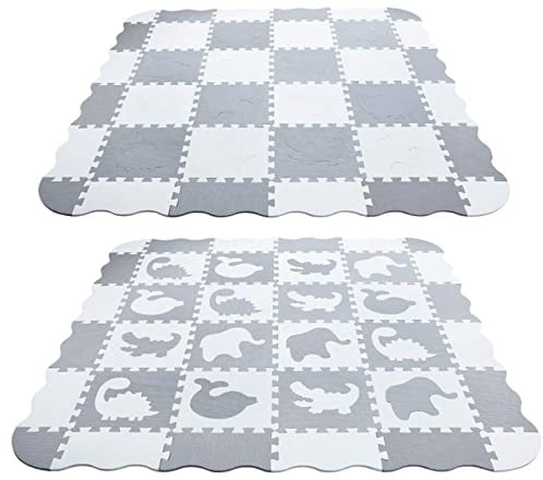 Puzzlematte Baby, Krabbelmatte Kinderteppich, Buchstaben & Zahlen, Spielteppich für Kinder, Einzelteilgröße: 30 × 30 cm, Boden Geruchlos & Wasserdicht, Ausführung G (16 weiße + dunkelgraue Teile)