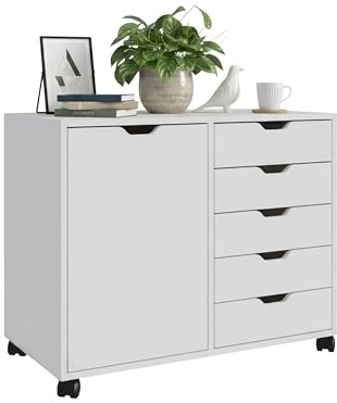Relaxdays Rollcontainer, 5 Schubladen & 2 Fächer, HBT: 65x78x40 cm, weiß | Büroschrank, Aktenschrank mit Rollen, Büro