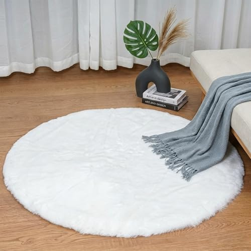Goolela Teppich Weiß Rund 120 cm, Kunstfell Flauschiger Teppich für Schlafzimmer und Kinderzimmer