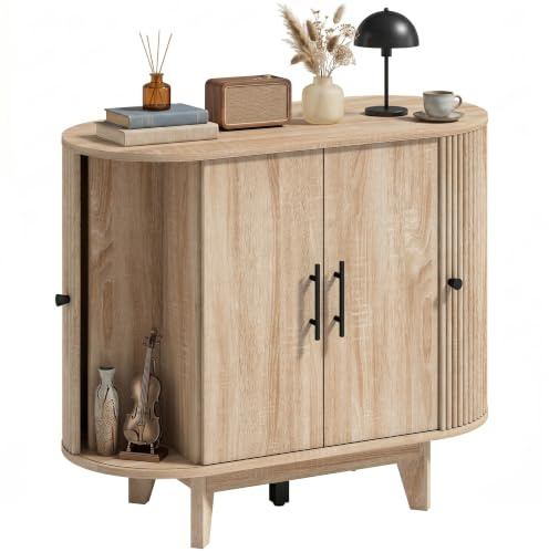 HOMCOM Ovaler 4-türiger Buffetschrank 90x40x76 cm Eiche | Verstellbares Regal, 5 stabile Beine, Moderner Stil, Buffet für Esszimmer und Küche