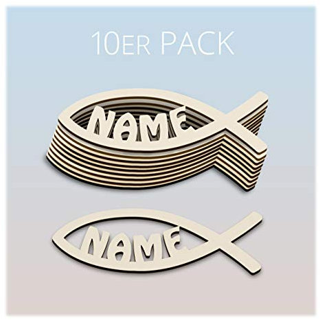 10er Pack Tischdeko Holz Deko Gastgeschenk zur Kommunion Geburt Konfirmation oder Taufe mit Name für Junge oder Mädchen - zum Geburtstag Fisch