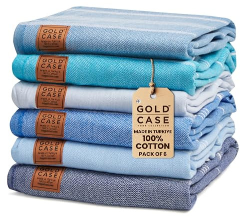 Gold Case, Türkisches Strandtuch-Set, 6 Stück, aus 100% Baumwolle, übergroße Strandtücher, 178 x 96 cm, Lycia, extragroß, schnelltrocknend und sandfrei, Blautöne