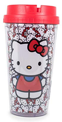 Silver Buffalo Sanrio Reisebecher mit Hello Kitty Muster, doppelwandig, mit Schiebedeckel, 590 ml, 473 ml, 1 Stück (1 Stück)