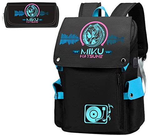 WANHONGYUE Hatsune Miku Anime Cosplay Schultasche Schulrucksack 15,6 Zoll Laptop Rucksack mit USB-Ladeanschluss + Mäppchen / 4