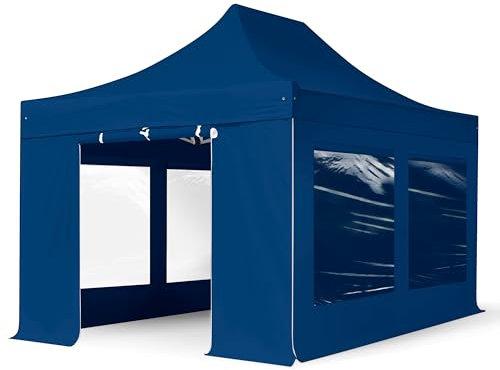 Faltzelt Professional 3x4,5 m - mit 4 Seitenteilen (Panoramafenster) Faltpavillon ALU Pavillon Partyzelt blau