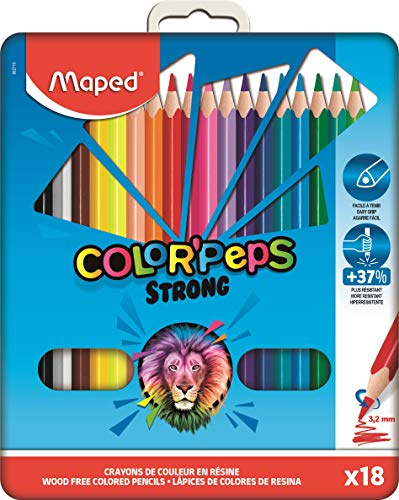 Maped - Strong Color'Peps Buntstifte, 18 Buntstifte, sehr robust und ergonomisch – Metallbox mit 18 Bleistiften aus Kunstharz
