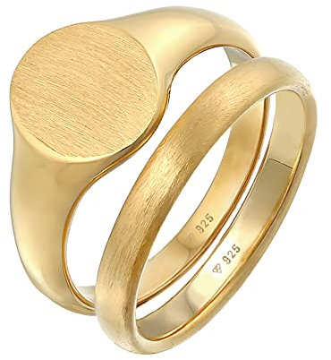 Kuzzoi Herrenringe, Siegelring (12 mm) und Klassischer Bandring (3 mm) breit in 925 Sterling Silber vergoldet, 2 Goldene Silberringe für Männer, Ring Set Herren, Ringgröße 56, 0604532721_56