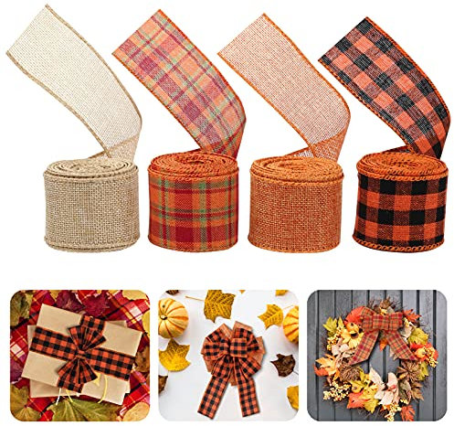 Kesote 4 Rollen Juteband Thanksgiving Dekoband Erntedankfest Drahtband zum Basteln Herbst Halloween Geschenkband (5 cm, 6 Meters)
