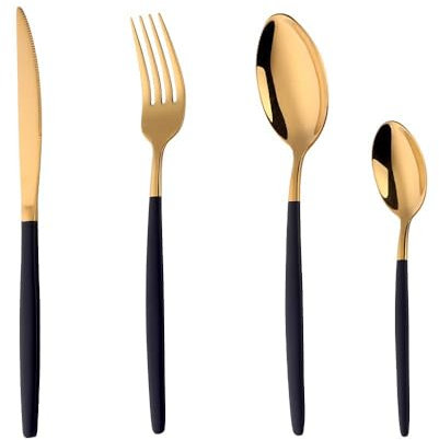 YDware Besteck Schwarzgold Besteck set 4-teilige Edelstahl Gabeln Löffel Teelöffel Steakmesser für 1 Personen Cutlery Set für Haus Küche Restaurant