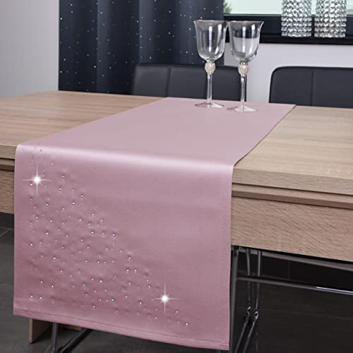 DECOOR Tischläufer Tischdecke 40 x 180 cm schmutzabweisend aus Stoff 200 g/m² Tischunterlage für Esstisch Tischdecke mit Kristallen verziert pflegeleicht Tischdeko, Puderrosa