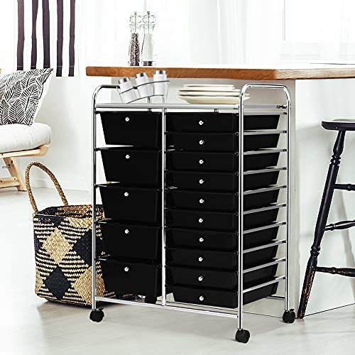 COSTWAY 15 Drawers Storage Trolley, Home Office Stationary Rolling Cart with 4 Wheels, Multipurpose Mobile Organiser Shelving Unit for Makeup Beauty Salon (Black)