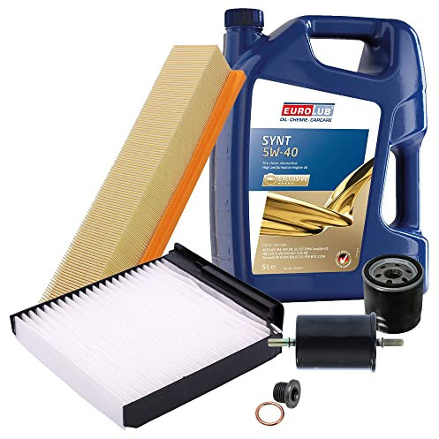 BESTPRICE Inspektionspaket Filterset mit 1x Ölfilter, 1x Kraftstofffilter, 1x Luftfilter, 1x Innenraumfilter (Aktivkohle), 1x Ölablassschraube mit Dichtung, 1x Motoröl 5W-40 5 l