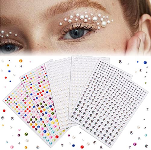 Miioto 1320 Stück Selbstklebende Perlen-Aufkleber, 3/4/5/6mm Halbperlen Aufkleber, Selbstklebende Glitzersteine, Bunte & Weiße Flache Rückenperlen Aufkleber für Gesicht Make-up DIY Handwerk, 6 Blatt