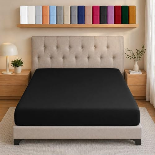 AMEHA Fitted Sheets Super King Size Deep Pocket Up to 25 cm Black Bedsheets Soft Brushed Microfiber Elasticated Corners Bottom Sheet Easy Care - Anti Wrinkle & Fade Resistant