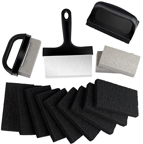 MOWOT Blackstone Griddle Cleaning kit 16 Pcs, Heavy Duty Grill Cleaning Stone Bricks with Handle,Griddle Scrubber Scouring Pads with Handle and 6 Grill Scraper,Griddle Cleaner Brush Set for Flat Top