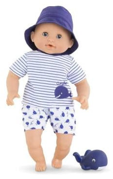 Corolle Ma Premier Poupon Badejunge Marin, Weichkörper-Badepuppe mit Badetier, Schlafaugen, Vanilleduft, abnehmbare Kleider, 30cm, ab 18 Monate