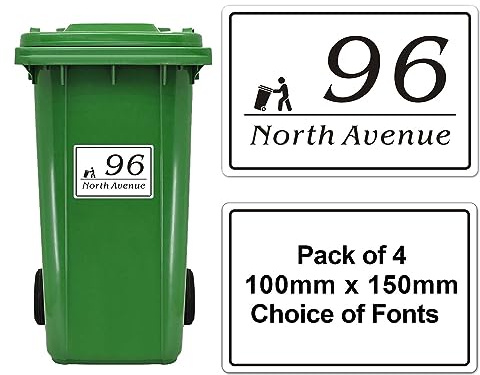 EDSG 4 x Wheelie Bin Stickers, Personalised Bin Numbers for Wheelie Bins, Custom Wheelies Bins Numbers Stickers, Number Sticker with House Number Street Name (Design 2)