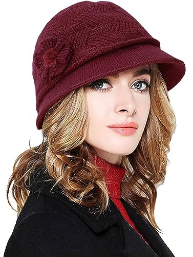 CheChury Strickmütze Damen Wollmütze Grobstrick Wintermützen Warme Frauen Beaniemütze Retro Fedorahüte Frauen Glockehut Kaschmir Mütze Damen Bowler Hut Winter Strickmütze mit Schirm Melone Hut,Wein