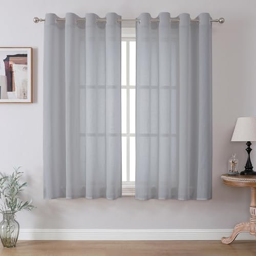 CUCRAF Leinen Voile Vorhänge mit Ösen Lichtfilterung Gardine für Schlafzimmer Wohnzimmer, Grau Blau, H160 x B140cm 2er Set