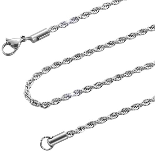 HSWYFCJY 3 MM Twist Rope Chain, Stainless Steel Silver Rope Chain Necklace for Men Women Fashion Jewellery Birthday Gift Length of Chain 55 CM