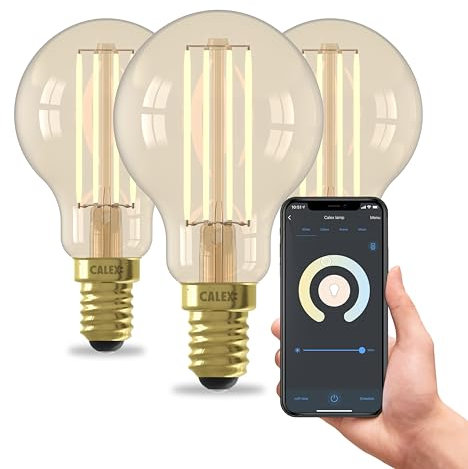 CALEX Smart LED Lampe, E14, P45, Gold Filament, warmweißes Licht, dimmbar, WLAN App- & Sprachsteuerung, 3er Pack