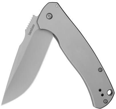 Kershaw Scour Couteau de poche pliable, lame argentée 8Cr13Mov de 8,4 cm, poignée en acier inoxydable, serrure de cadre, Pocketclip