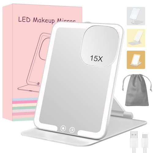 Rechargeable Travel Makeup Mirror with 15X Magnifying,Folding Lighted Cosmetic Tabletop Mirror with Adjustable Stand,3 Color Lighting,Dimmable Touch