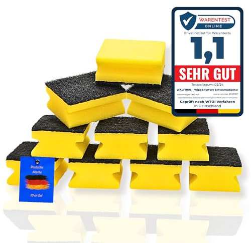 Walfinus Premium Set of 10 Yellow Scouring Pads, Cleaning Sponge for Hard to Remove Dirt, Sponge in the Kitchen, Washing Sponge, Cleaning Sponge 9 x 7 x 4 cm