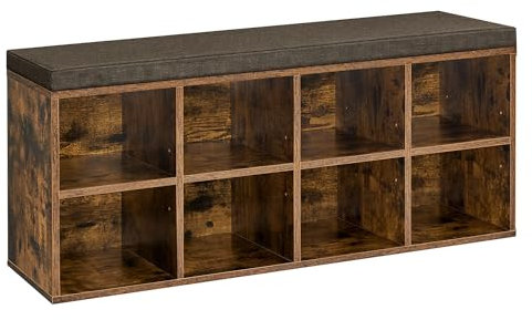 VASAGLE Shoe Bench with Cushion, Shoe Storage Bench with 8 Compartments and 4 Adjustable Shelves, Hallway Bench with Padded Seat, for Bedroom, Closet, Living Room, Rustic Brown LHS238K02