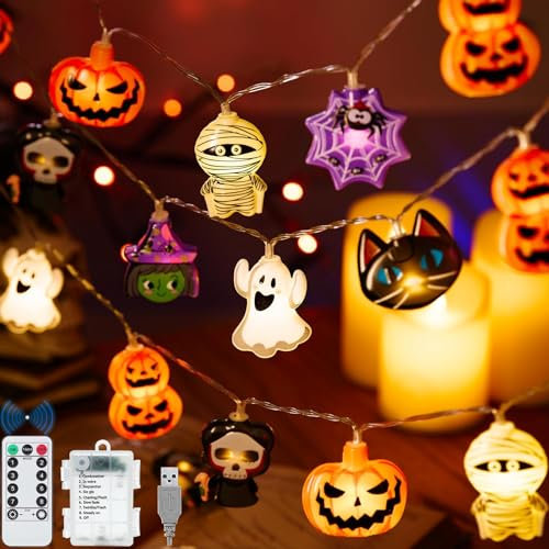 VEEKAY Halloween Lichterkette,Halloween Deko Lichterkette,3.6M 24 LED Halloween Lichterkette Dekoration,USB+Batteriebetrieben,Lichterkette Außen Halloween Deko,LED Halloween Laterne für Party