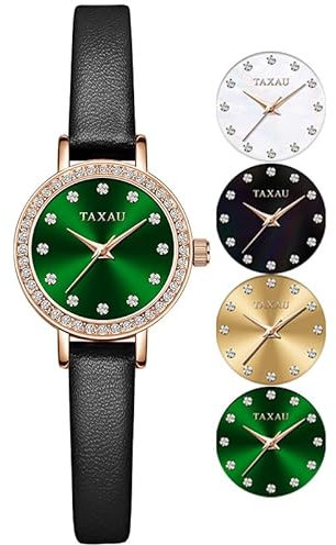 Taxau Luxus Leder Damen wasserdichte Uhren Grünes Zifferblatt mit Diamant Damenuhren Leicht zu lesende Quarzuhren für Elegante Frauen